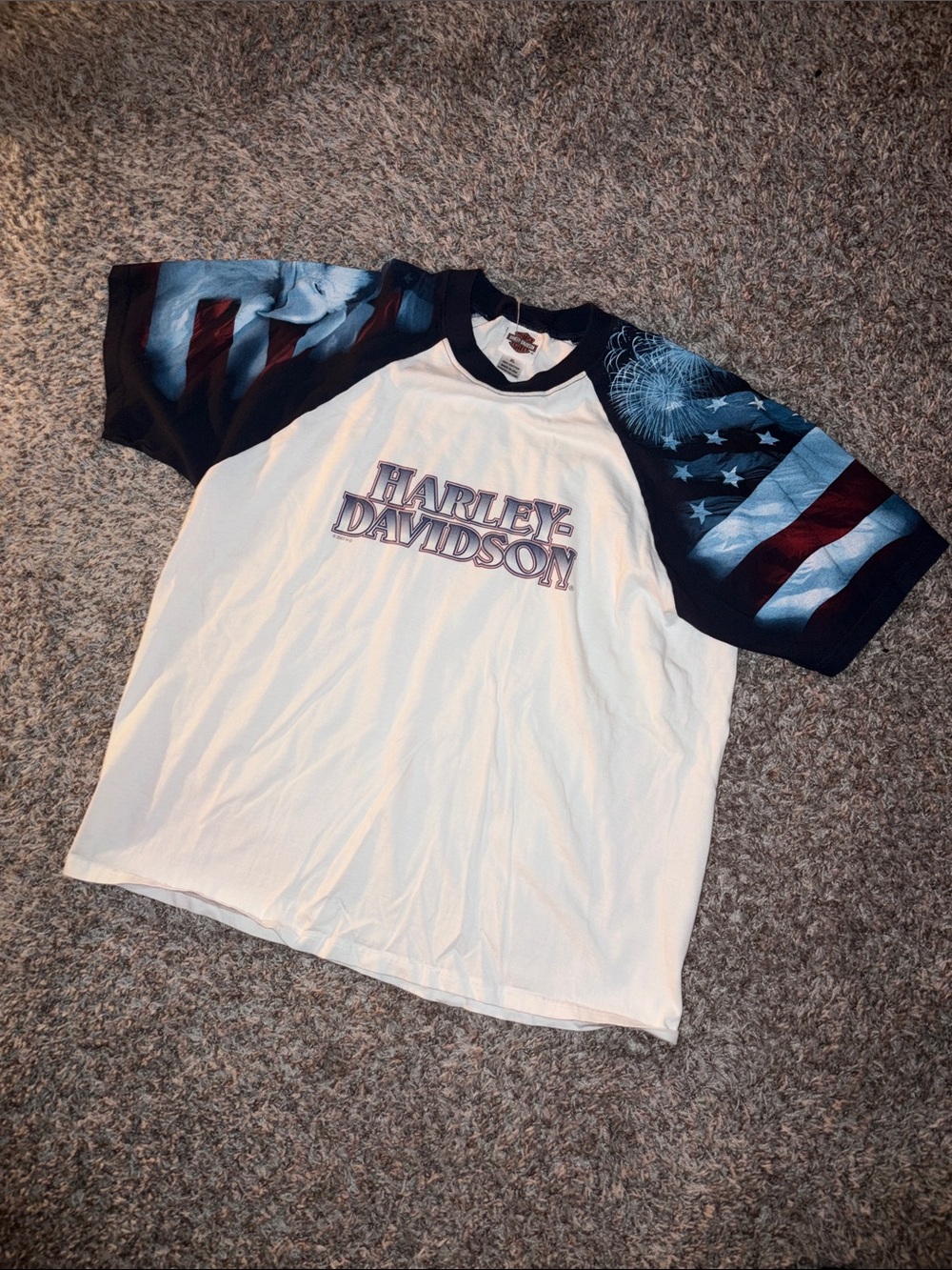 Harley-Davidson White Tee with Navy and Red Flag Sleeves